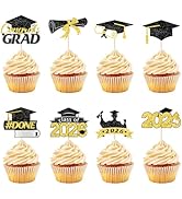 Hooqict 40Pcs 2026 Graduation Cupcake Toppers Black Gold Class of 2026 Cake Topper Decorations Cu...