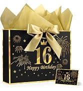 JMANNI Black Gold 16th Birthday Gift Bag with Card and Tissue Paper, 12.6"×9.84"×3.9" Elegant Pre...