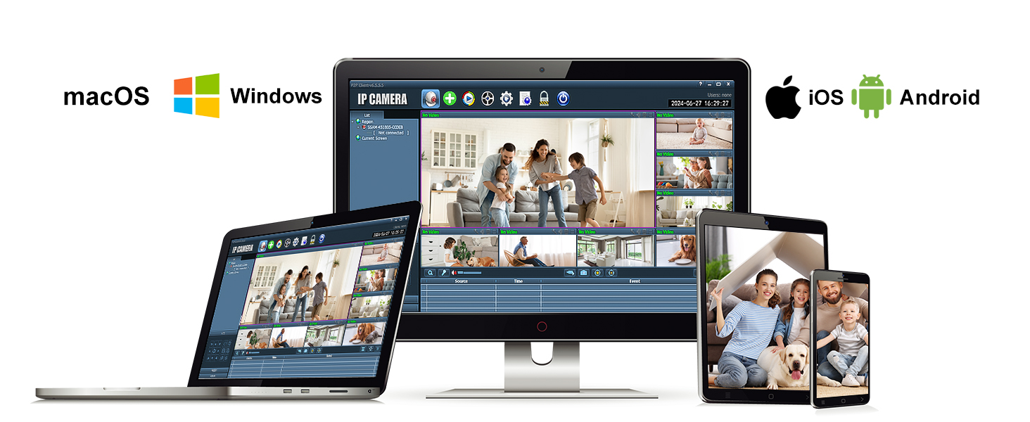 Cross-platform video conferencing software displayed on desktop, laptop, tablet, and smartphone devices, showing compatibility with various operating systems.