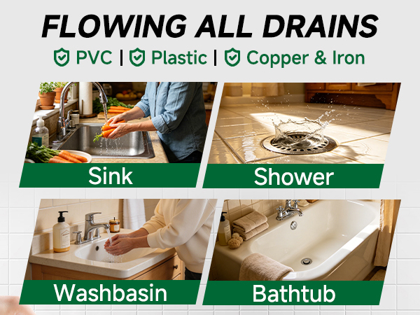 flowing all drains: pvc plastic copper & iron, sink shower washbasin bathtub