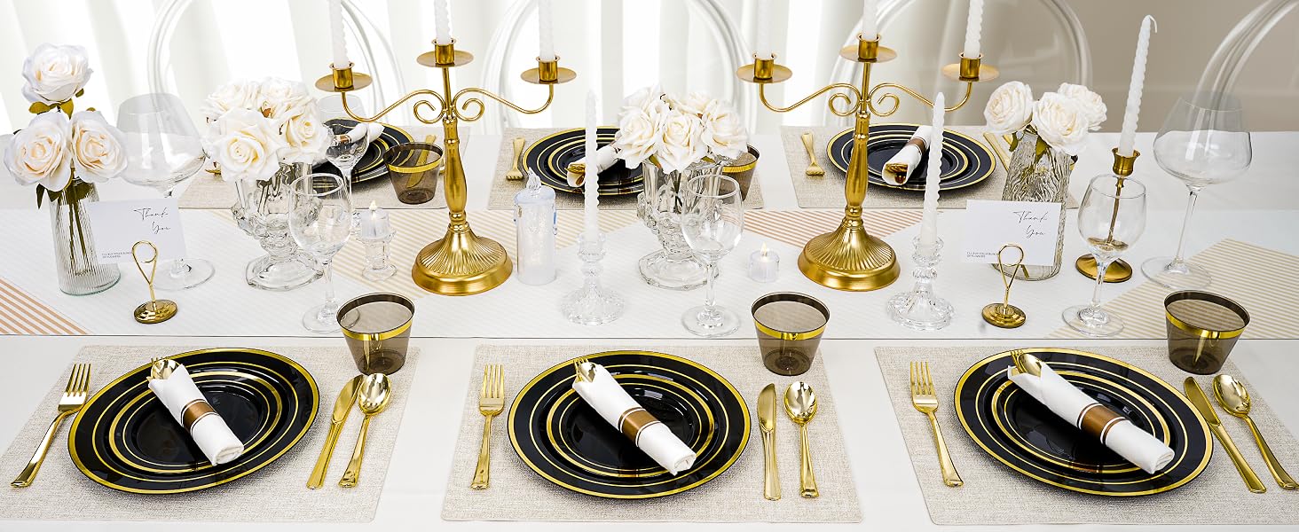 black and gold disposable dinnerware set gold silverware set party wedding memorable enjoyable