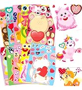 70Sheets Valentines Stickers Crafts for Kids - Make-A-Dog/Cat/Monster/Bear/Frog Face Sticker- Val...