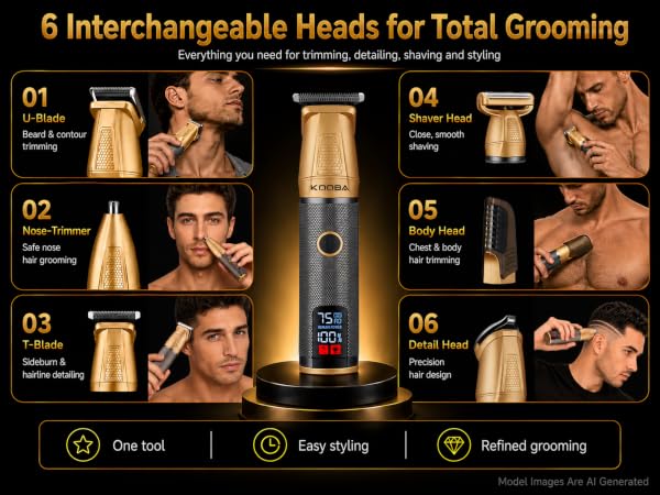 KOOBA 6-in-1 grooming kit with interchangeable heads for beard nose body and precision trimming