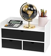Wisuce Desk Organizer with Drawers - White-Black Bamboo Desktop Organizer Storage | Wood Desk Dra...