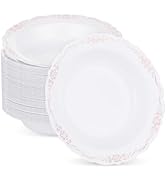 Bestluck 50 Pack White Plastic Bowls with Rose Gold Rim, 12oz Plastic Dessert Bowl, Bowls Disposa...