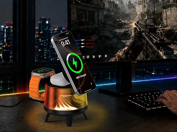 While gaming, the ambient light wireless charger lights up your space.
