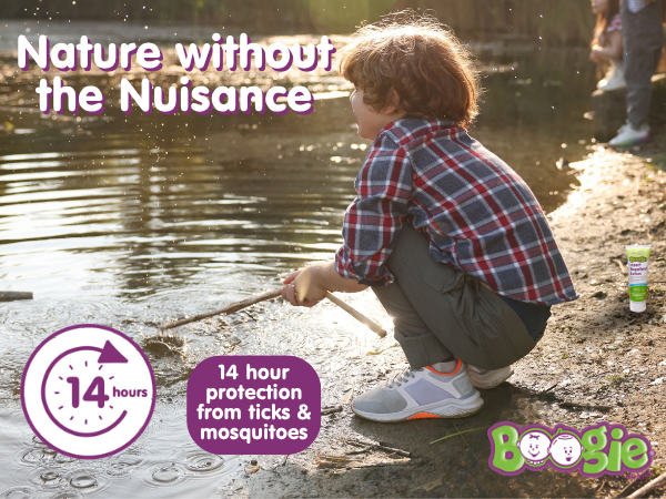boogie insect repellent up to 14 hours protection child playing by a lake.