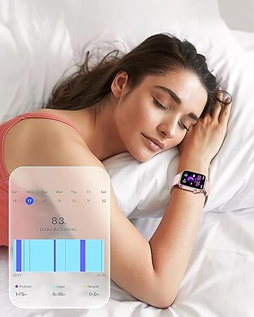 Multiple panels showing a mattress comfort monitoring system with digital display interface showing sleep data and statistics.