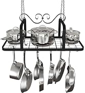 TICKCACY 33” Black Pot Rack Hanging, Metal Pan Rack Hanging with Grid, Heavy Duty Ceiling Pot Rac...