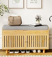 Shoe Storage Bench, Bamboo Entryway Bench with 2 Doors & Padded Seat Cushion, 2 Tier Shoe Rack, 3...