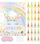 WERNNSAI Pin The Horn on The Unicorn Party Game - 21'' x 28'' Unicorn Party Decoration with 24 PC...