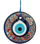 Erbulus 4.3" Glass Blue Evil Eye Wall Hanging Colorful Floral Design Ornament - Turkish Nazar Bea...