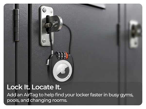 Black AirTag lock attached to gym locker for secure storage and item tracking.
