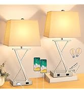 Set of 2 Touch Control Table Lamp, 3-Way Dimmable Table Lamp with USB Ports and Outlet, Modern Ni...