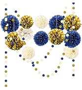 Decorative paper pom-poms in blue, gold, and white. Various sizes of fluffy spheres arranged with matching colored confetti, creating a festive party decoration set.