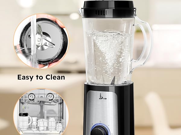 Blender parts rinsed under water and placed in dishwasher for easy cleaning.