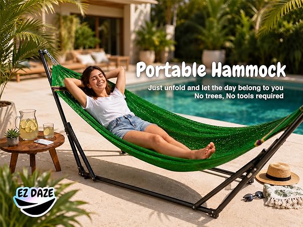 Woman relaxing in a green portable hammock beside a sunny backyard pool