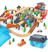 WoodenEdu 100Pcs Wooden Train Set for 3 Year Old Boys, Double-Side Train Set Tracks with Bridge T...