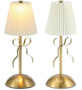 2 Pack Cordless Table Lamp,Cute Gold Bow Lamp,Led Desk Lamp with Fabric Shade,3 Color Dimmable To...