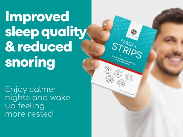 Text reads 'sleep quality & reduced snoring', 'Improved', 'STRIPS', 'Enjoy calmer nights and wake up feeling more rested'. Marketing banner showing product packaging and descriptive text.