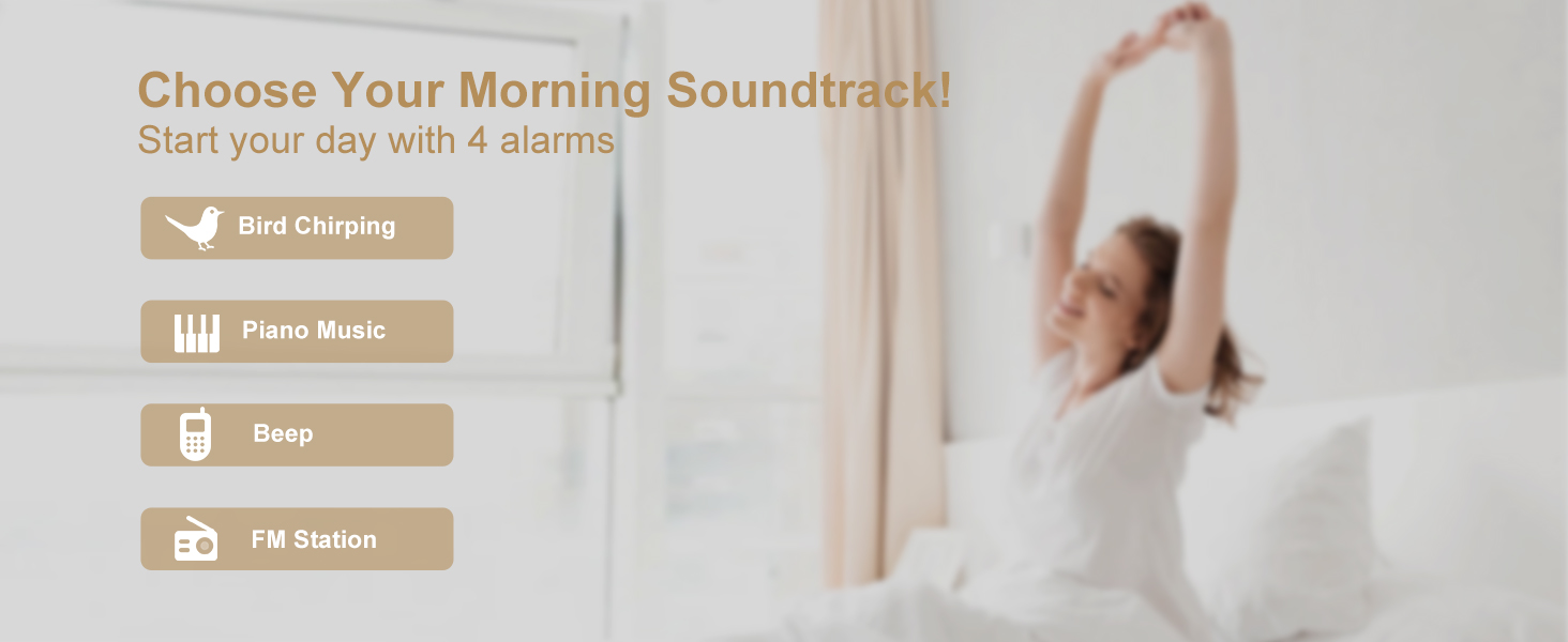 Soothing alarm sounds for gentle wake-up
