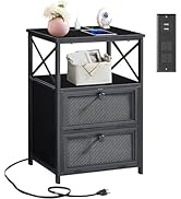 VECELO Black End Table with USB Ports and Outlets,24 Inch Nightstands with Charging Station and S...