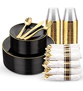 KIRE 175Pcs Black Plates Disposable - Heavy Duty Black and Gold Plastic Plates- 25 for Dinner 25 ...