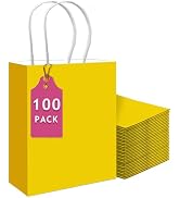 qiqee 100PCS Gift Bag with Handles Bulk Bright Yellow Paper Bags Multiple Uses (13''x5 x10 inch L...