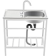 Utility Sink, Freestanding Kitchen Sink with Faucet, Stainless Steel Utility Sink with Bottom She...