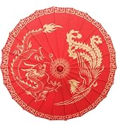 Bestage 33" Women's Chinese Japanese Handmade Silk Cloth Parasol Umbrella Red Dragon Phoenix Deco...