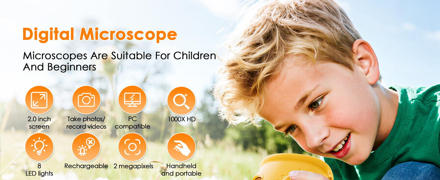 Text reads 'Digital Microscope' 'Microscope App Suitable for Children And Beginners'. Circular icons showing features and capabilities of digital microscope device.