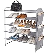 STORAGE MANIAC 5 Tier Shoe Rack with 6 Side Pockets, 23-Pairs Metal Shoes Organizer Free Standing...
