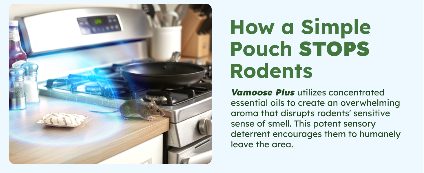 Peppermint-powered BugMD Vamoose! Plus pouch repels rodents from homes and garages.