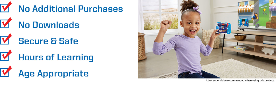 No additional purchases/downloads, secure & safe, hours of learning, age appropriate. Kid playing.