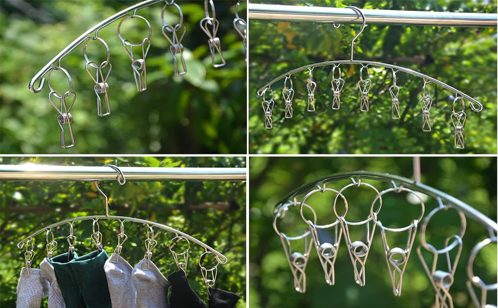 Stainless steel clothes hanger with multiple clips. Four images show different angles and uses, including hanging clothes outdoors.