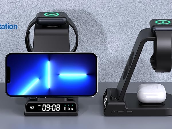 Wireless Charging Station, YiJYi 3 in 1 Watch Charger Stand with Digital Clock Suitable for iWatch