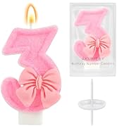 AKURIEEY Pink 3rd Birthday Candle Bow Numbers 3 Candle Cake Topper Cupcake Decorations Party Deco...