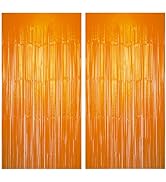 Zotemo 2 Pack Orange Foil Fringe Curtains, 3 ft x 8 ft Metallic Tinsel Door Fringe Backdrop, Stre...