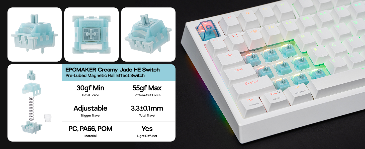 Technical specifications diagram of light blue keyboard switches showing measurements and adjustment features. Product details shown in grid format.
