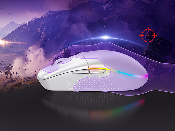 White and purple ergonomic computer mouse with RGB lighting effects, shown against a dramatic purple mountain landscape background.