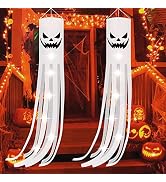 CCINEE 2 Pack Halloween Ghost Windsock Flag with White Lights, 70.8 Inch Glow in the dark Hallowe...