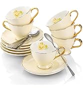 ZOOFOX Set of 6 Espresso Cups and Saucers, 3 oz Demitasse Cups with Gold Trim and Spoon, Small Te...