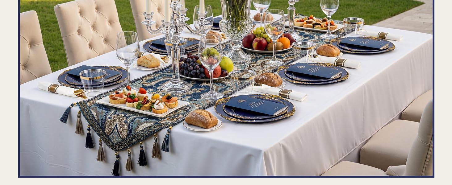 blue and gold plates