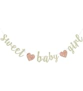 BEISHIDA Champagne Sweet Girl Baby Glitter Banner,NO DIY, Pre-Strung Baby Shower Gender Party Ban...