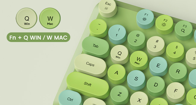 Green retro keyboard showing Fn shortcuts for Windows and Mac mode switching.