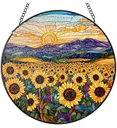 Stained Glass Window Hanging, Sunflowers Mountain Sun Stained Glass Suncatchers Indoor Windows Gl...