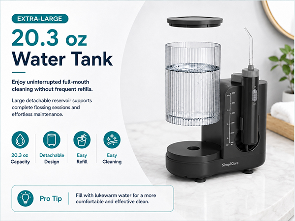 SimpliCare FC1761 countertop water flosser with 10 pressure levels, 600ml tank and 8 tips.