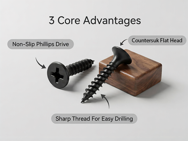 Wood screw with non-slip Phillips drive, sharp thread and countersunk flat head.