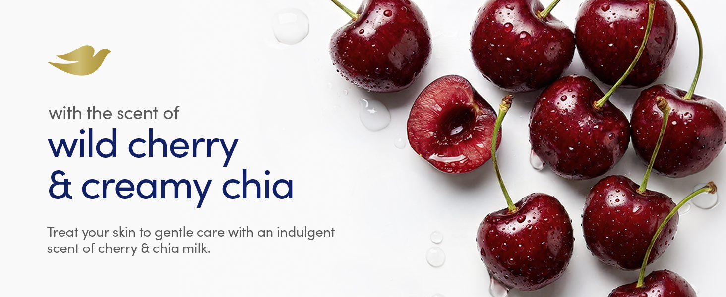 Wild cherry and creamy chia fragrance message alongside red cherries covered with water droplets