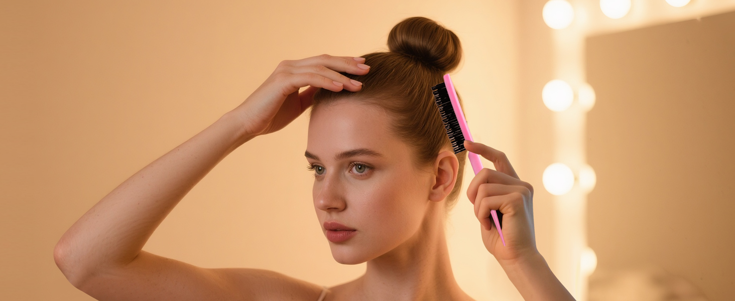 Person in warm lighting adjusting hair in front of vanity mirror.